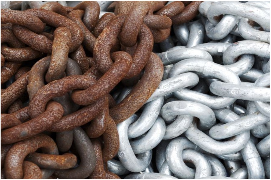 Chains divided to emphasize rust and oxidation