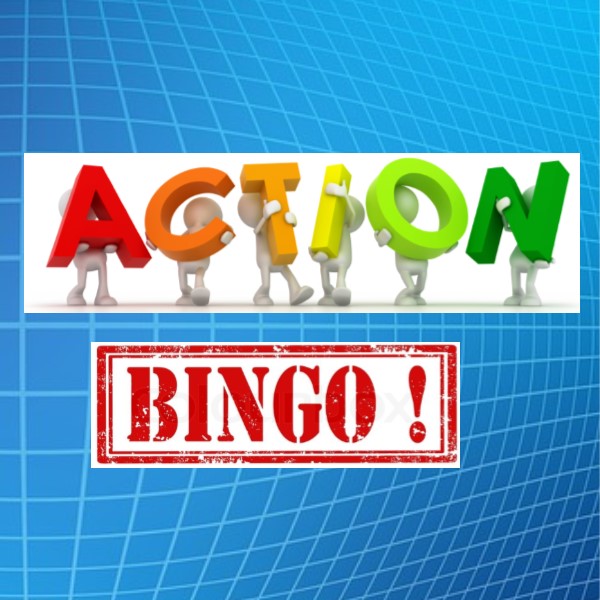 Action Bingo words with people like figures holding a letter of the word "action"