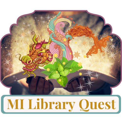MI Quest Logo with dragon and phoenix coming out of a book