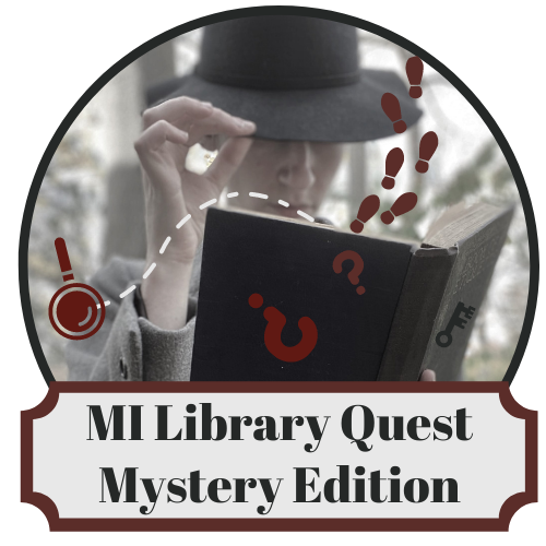 MiLibraryQuest logo with mysterious figure holding an open book with footprints and question marks falling out