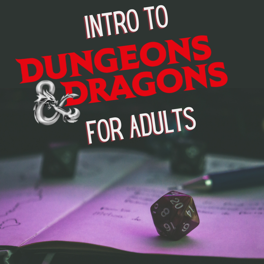 Intro to Dungeons and Dragons For Adults on and open book with Dice
