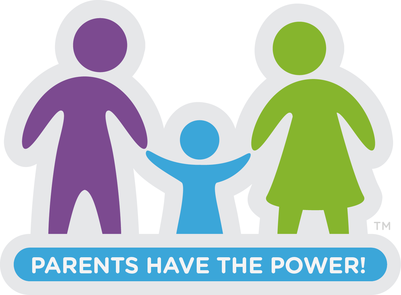 Graphic illustration of two adults holding hands with a child, with the caption "Parents Have the Power!"
