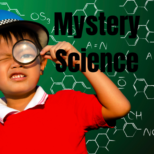 Child with an magnify glass with Science symbols on chalkboard in the background and the words Mystery Science