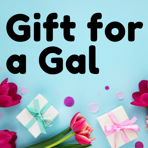 Gift for a Gal logo with blue background, red flowers, and two presents wrapped in a bow (blue and pink)