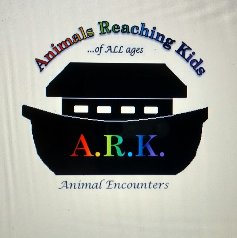 A boat (ark) logo with A.R.K on the main part of the ark and Animals Reaching Kids Animal Encounters