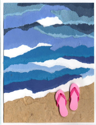 canvas with an ocean showing beach and pink flip flops
