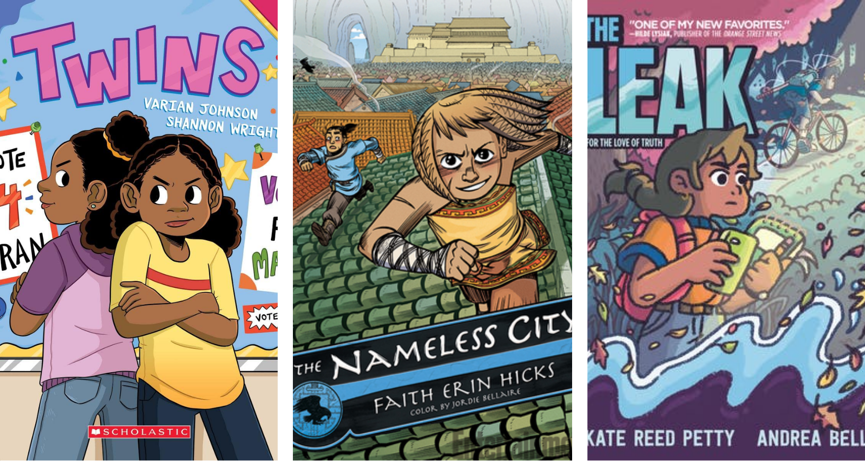 Three titles for Graphic Novel Book Club, Twins, Nameless City and Leak
