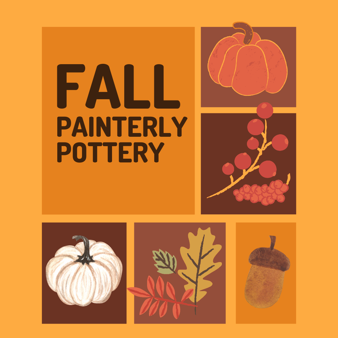 Fall Painterly Pottery logo. Orange with the text surrounded by fall icons