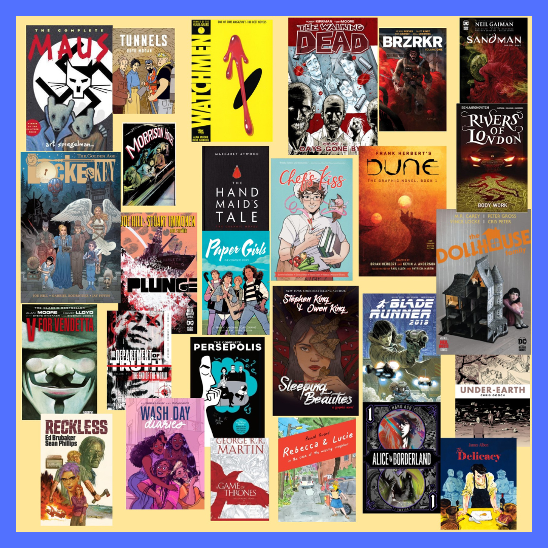 various graphic novel cover images collected over a yellow and purple background
