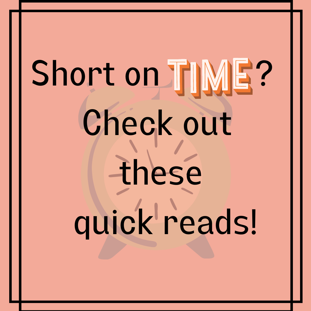analog clock with overlaid text that reads short on time? check out these quick reads against a dusty pink background