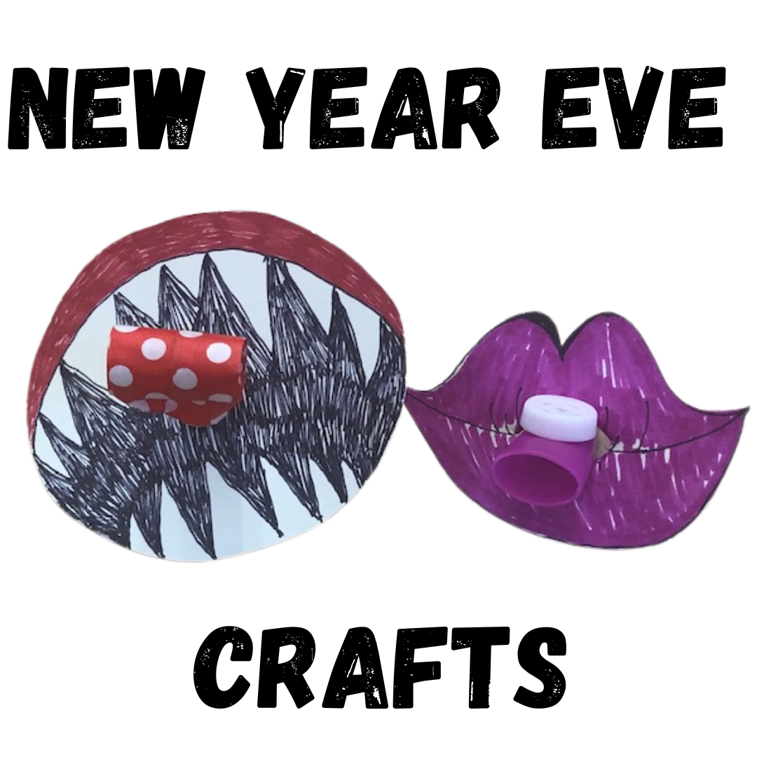Words New Year Eve Crafts with mouth cutouts and noise makers