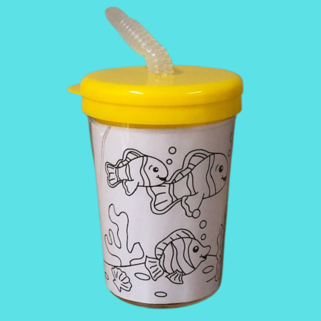 light blue background highlighting a DIY coloring cup with yellow lid  and straw