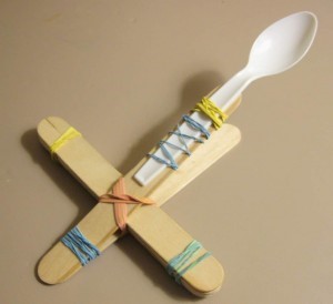 Catapult launcher made out of craft sticks, spoon, and rubber bands