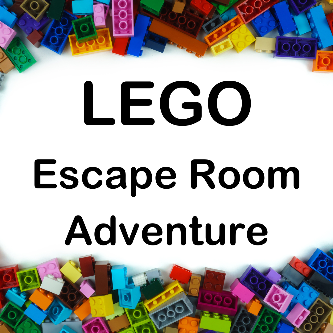 LEGO blocks border on top and bottom with words LEGO Escape Room Adventure in the middle