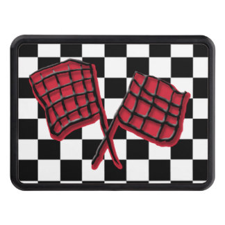 Black and white checker background with two red flags and black stripes