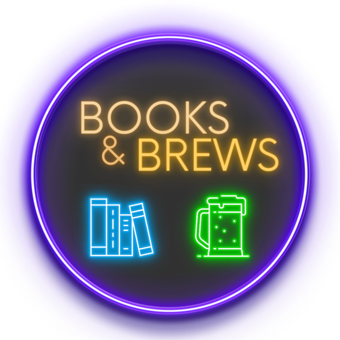 Neon Light Style. Text "Books & Brews" with a stack of books and stein of beer