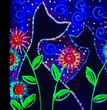 brightly colored black light painting with flowers