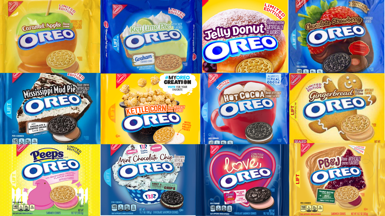 multiple images of oreo cookie packages in a variety of colors and flavors