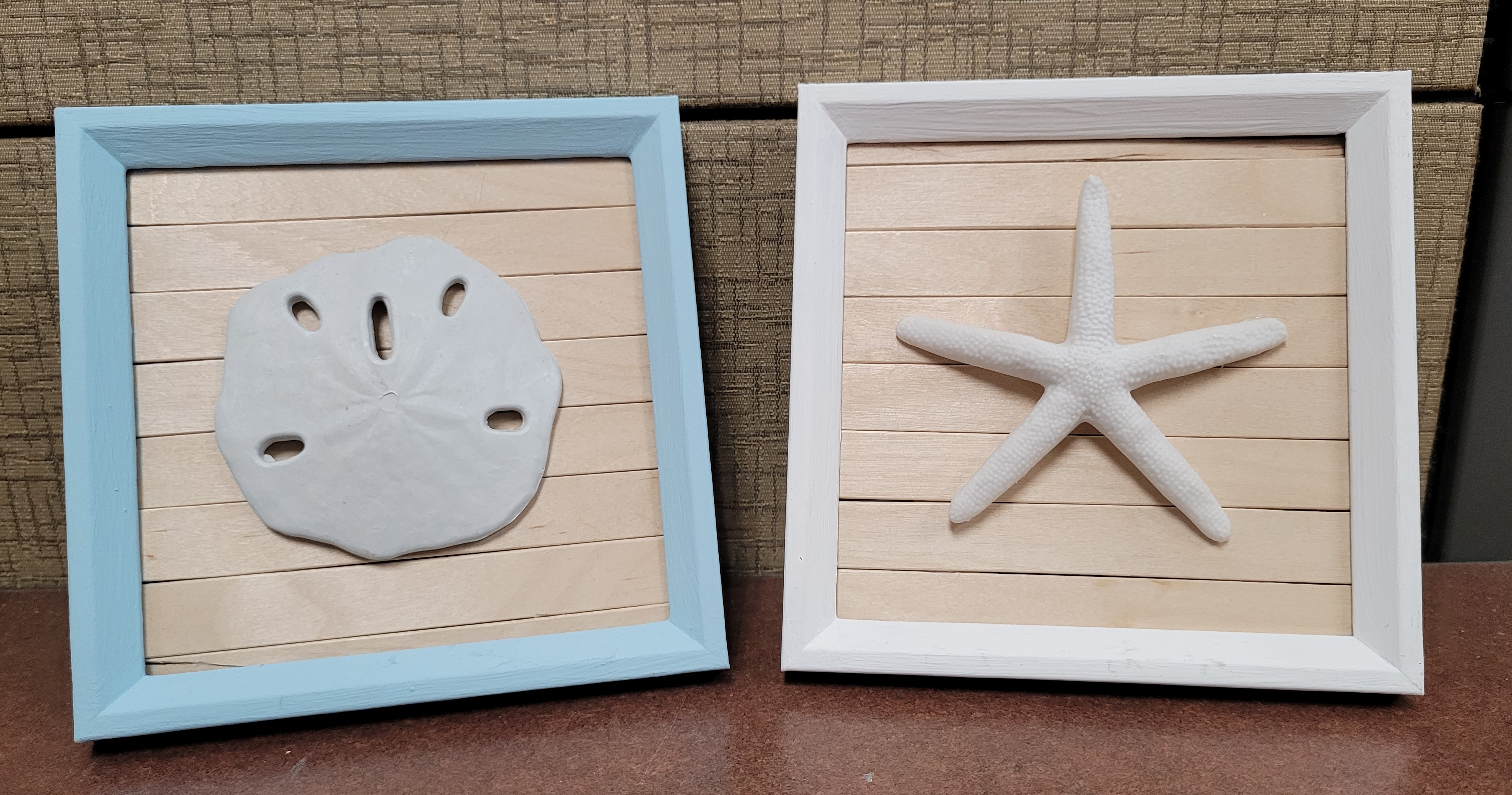 picture frames with starfish and sand dollar inside