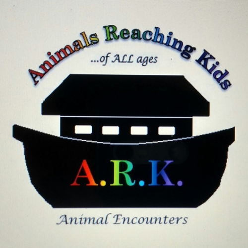 Text - Animals Reaching Kids... of All Ages A.R.K. Animal Encounters with a gray background and silhouette of ark vessel