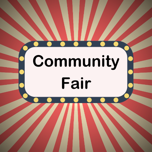 Text - Community Fair on a Marque Clipart and background is red and beige stripes