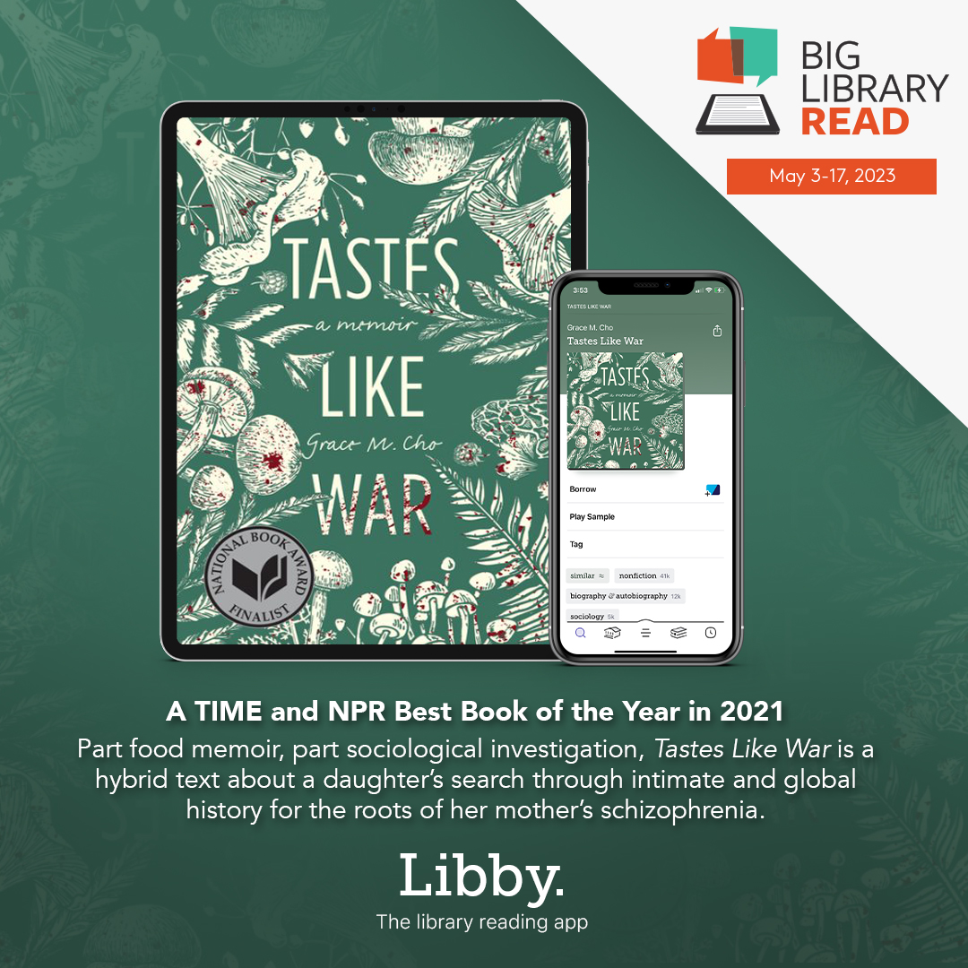 book cover for tastes like war and text for big library read may 3-17, 2023