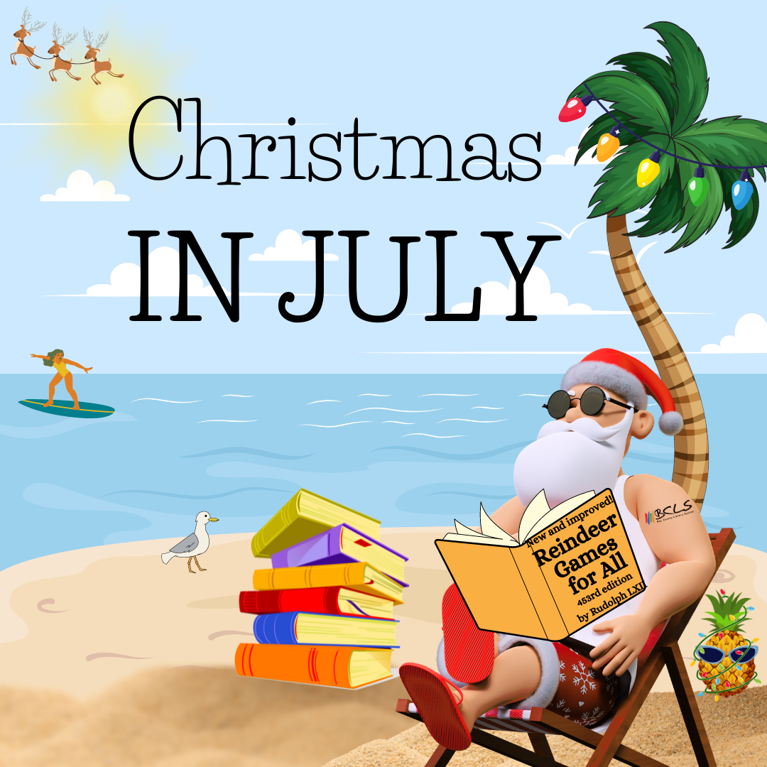 beach scene featuring a woman surfing, a palm tree behind Santa Claus sitting in a beach chair reading a book, a seagull walking along the beach next to a stack of books