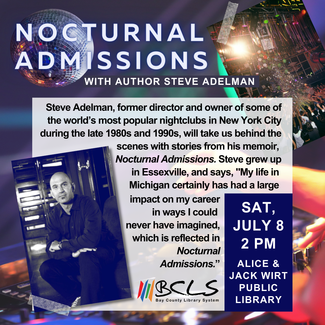 Nocturnal Admissions with author steve adelman sat july 8 2pm wirt library superimposed over a disco ball and purple background, featuring a black and white image of the author in a crouched position