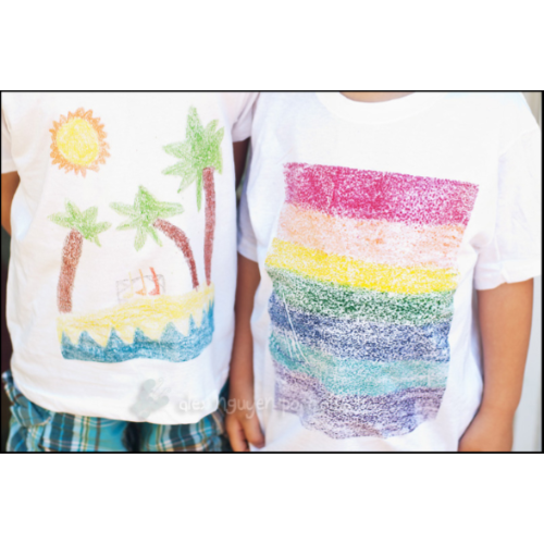 Two examples of white t-shirts with a designs created using crayons and sandpaper