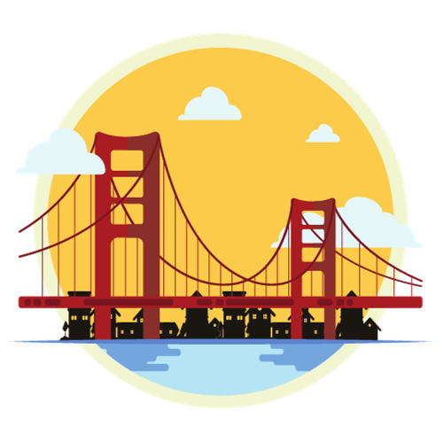 Circle graphic, yellow sky with white clouds, red San Francisco suspension bridge, and blue water