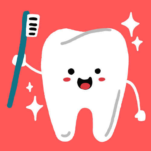 Tooth graphic (cute face and smile) holding a tooth brush and sparkles (coral red background)