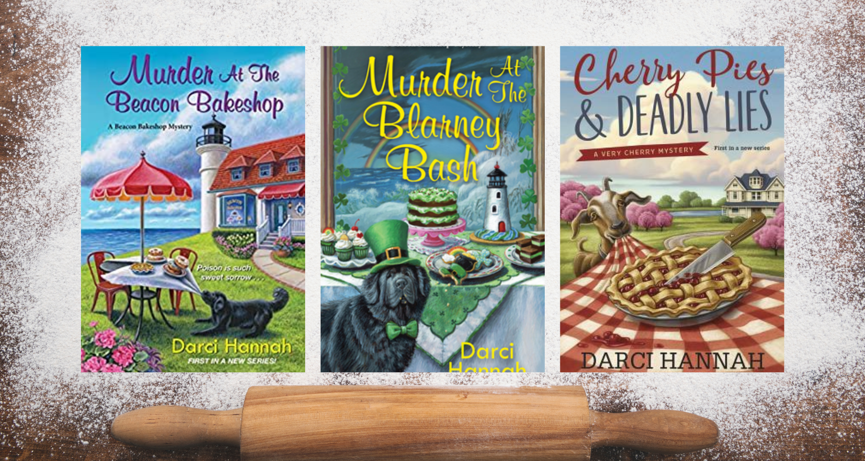 Covers for Murder at the Beacon Bakeshop, Murder at the Blarney Bash and Cherry Pies and Deadly Lies
