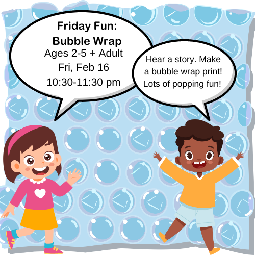 Bubble wrap graphic with two children graphics, callouts with information of the program