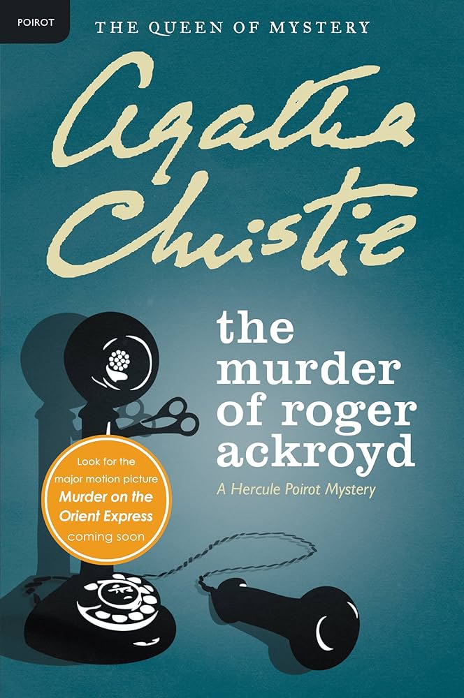 The Murder of Roger Ackroyd Cover. Title and Author listed on a blue background with an antique telephone.