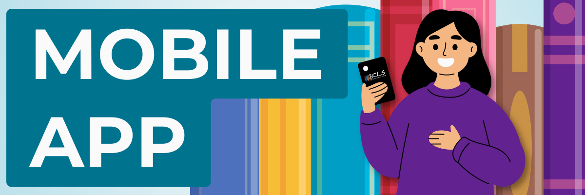 mobile app header with a graphic of a girl holding a smartphone 