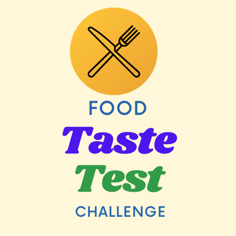 Plate with fork and knife with text below reading Food Taste Test Challenge