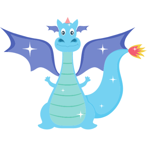 Blue dragon cartoon looking with purple wings and twinkle stars