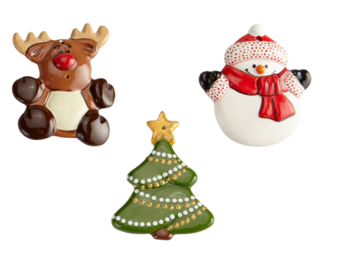 Reindeer, tree, and snowman ornaments
