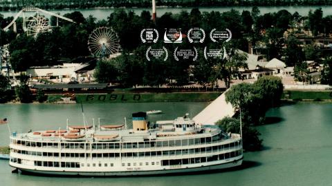 image of boblo boat floating next to boblo island with film festival logos superimposed