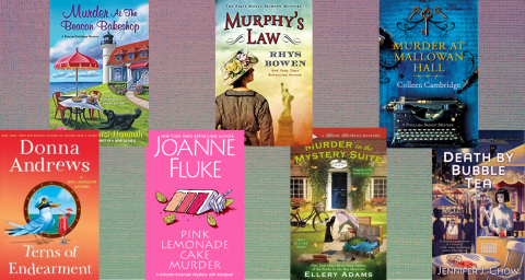 Covers of the books discussed, Terns of Endearment by Donna Andrews, Murder at the Beacon Bakeshop by Darci Hannah, Pink Lemonade Cake Murder by Joanne Fluke, Murphy's Law by Rhys Bowen, Murder in the Mystery Suite by Ellery Adams, Murder at Mallowan Hall by Colleen Cambridge and Death by Bubble Tea by Jennifer J. Chow
