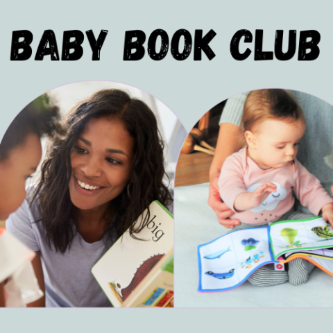 Title "Baby Book Club" on a light blue background and two pictures of parents with babies looking at a book