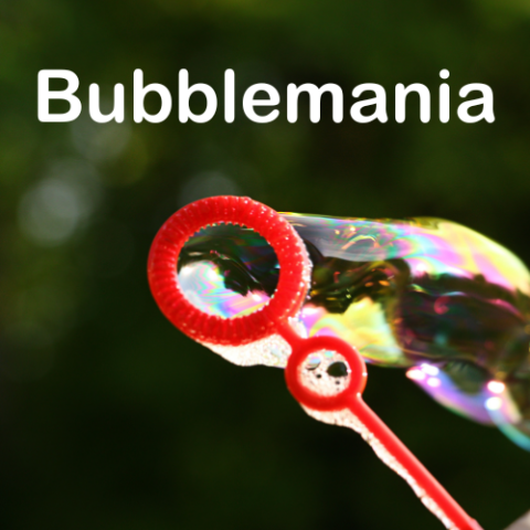 Green background, red bubble wand with bubbles and the title on top states "Bubblemania"