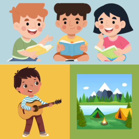Three graphics: top shows three children reading with light blue background, bottom left background yellow with a child with guitar (songs), and right side light green background with graphic of campsite