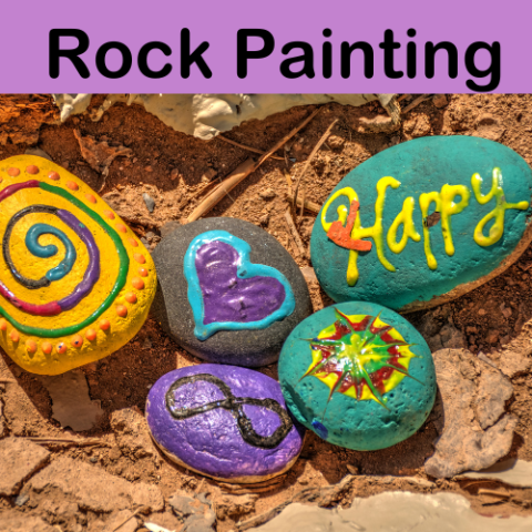 Examples of rocks with colorful painted designs and the title up top stating Rock Painting with a purple background to 