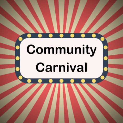 Text - Community Carnival on a Marque Clipart and background is red and beige stripes
