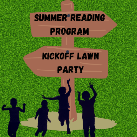Green grass background with shadows of people running toward arrow signs on a post stating "Summer Reading Program" and "Kickoff Lawn Party"