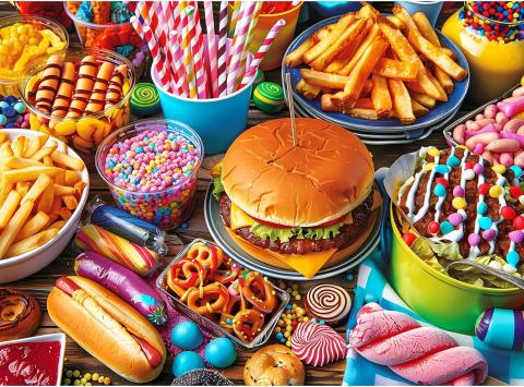 Favorite foods 500 piece puzzle that will be put together. Has a hamburger, french fries, hotdog, ice cream and candy as images.