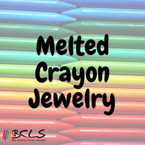 black text that reads melted crayon jewelry set against a background of multicolored crayons