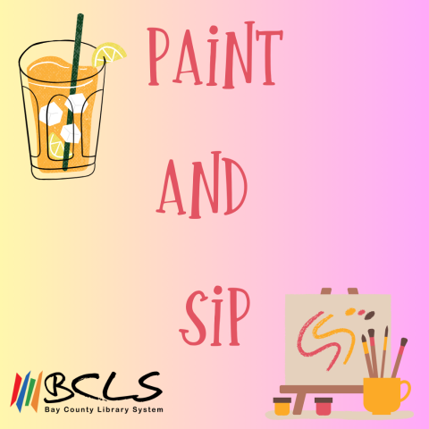 ice filled drink and canvas with paintbrush against a yellow and pink background and text that reads paint and sip