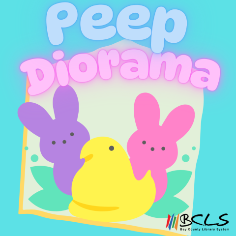 purple yellow and pink peeps set against a blue background with glowing text that reads peep diorama